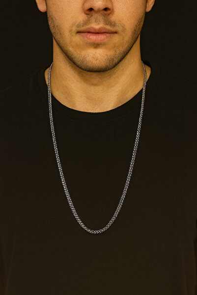 Jaida Moda Men's Silver Color Knitted Model Chain Necklace – 60 cm Stainless Steel