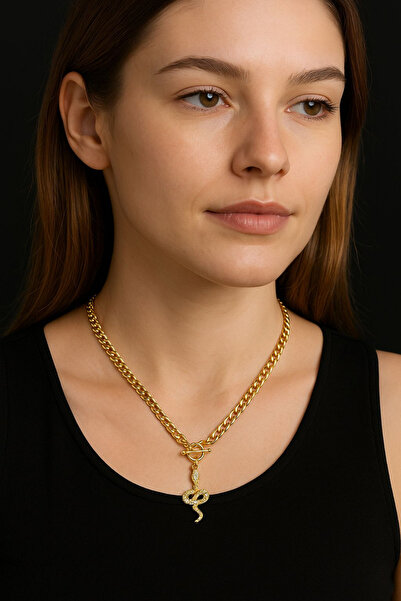 Jaida Moda Women's Gold Color Zircon Stone Snake Figured Chain Necklace – 45 cm