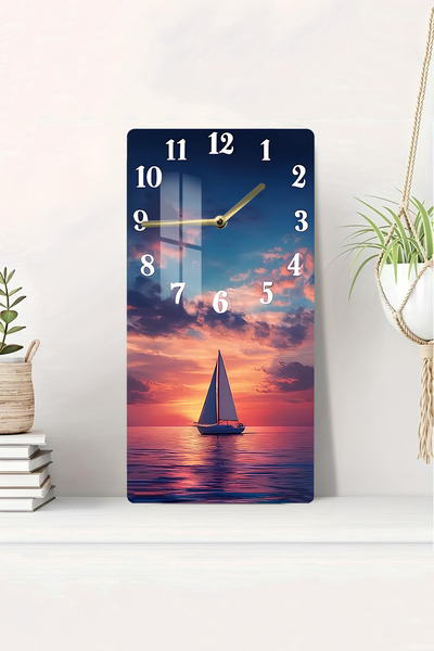 kutuTR Gün Batımında Yelkenli Tekne Temalı Temperli Cam Duvar Saati – 30x60 c...