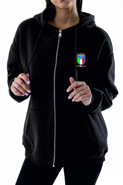 HOFFNUNG 3 IPLIK unisex Fermuarlı ITALIA LOGO Desenli Oversize kapşonlu SWEATSHIRT
