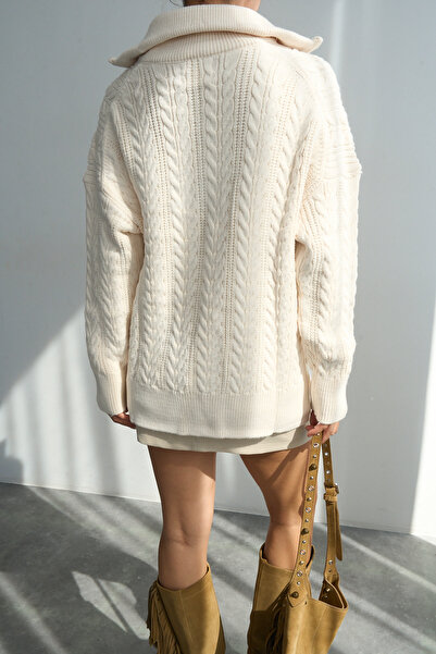 LOOSH Kadın Krem Fermuar Yaka Saç Örgü Desenli Premium Doku Overisize Kazak