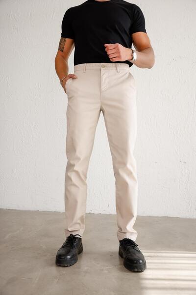 BRACCAS Erkek Armürlü Slim Fit Bej Pantolon