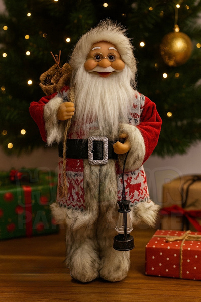 Huzur Party Store 45 cm Santa Claus Figure Christmas Tree Decor Ornament with Deer Pattern Clothing Lantern and Gift Sack Detail