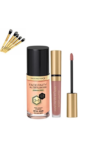Max Factor Mat Ruj - Elixir Matte 005 Sand +Facefinity 3'ü 1 Arada Kalıcı Fondöten Set+Bambu Fırça Hediye