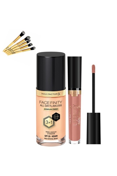 Max Factor Mat Ruj - Lipfinity Velvet 40 Nude+Facefinity 3'ü 1 Arada Kalıcı Fondöten Set+Bambu Fırça Hediye