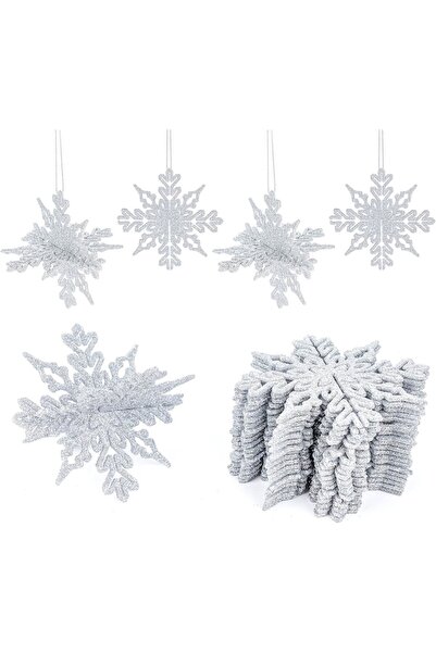 OEM Set de 12 decorațiuni pentru bradul de Crăciun, fulg de zăpadă, 3D, sclipici, argintiu