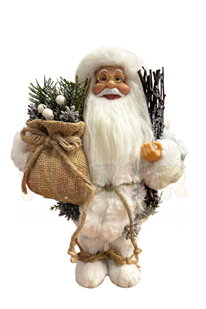 Huzur Party Store 30 εκ. Λευκή φιγούρα Άγιου Βασίλη με λεπτομέρεια από σάκο και κλαδί πεύκου Διακοσμητικό δώρο για το χριστουγεννιάτικο δέντρο της Πρωτοχρονιάς