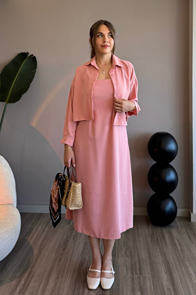 Aventien Pink Shirt Dress Two-Piece Set