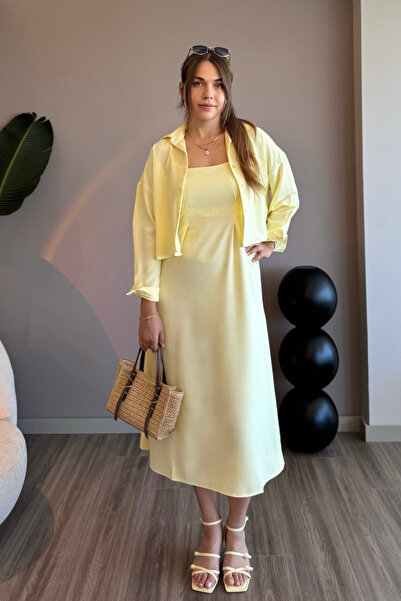 Aventien Yellow Shirt Dress Two-Piece Set