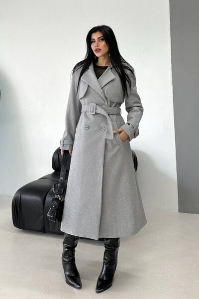 AKD Atelier Women's Coat Long Cashmere Belted Buttoned Pocketed Double Breasted Premium Coat