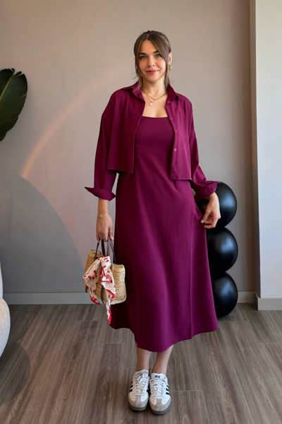 Aventien Burgundy Shirt Dress Two-Piece Set