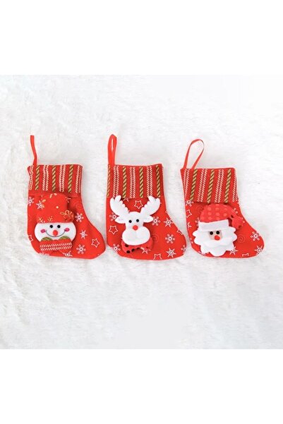 OEM Set 3 Christmas Stockings, 3D Model with Santa Claus, Reindeer, Snowman, Felt, 15 cm, Red