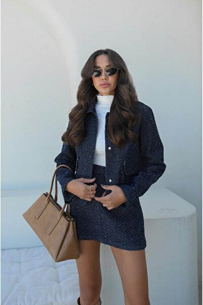 Havoş Navy Blue Textured Skirt Jacket Denim Suit
