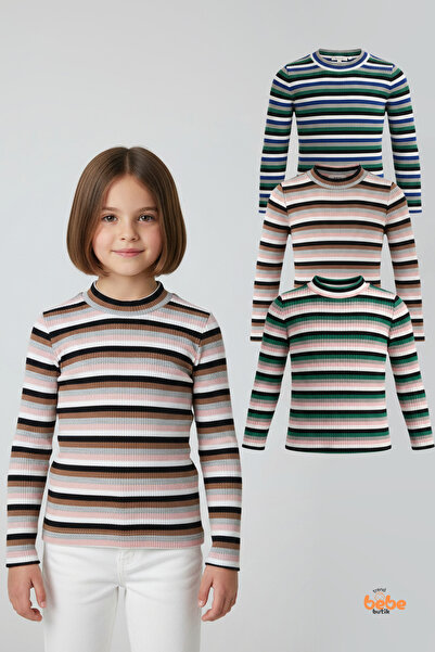 Trend Bebe Butik Set de 3 body-uri pentru fete, cu mâneci lungi, cu dungi col...