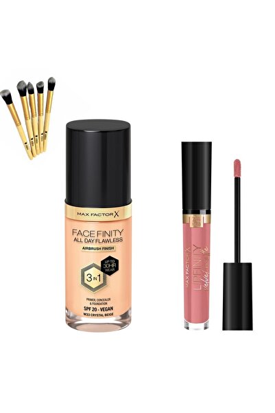 Max Factor Mat Ruj -Lipfinity Velvet 45 Pink+Facefinity 3'ü 1 Arada Kalıcı Fondöten Set+Bambu Fırça Hediye