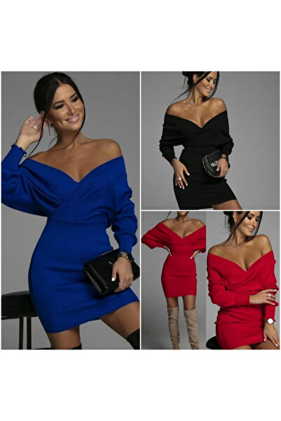 buğrahayalin Women's Long Sleeve Off Shoulders Detail Knitwear Dress