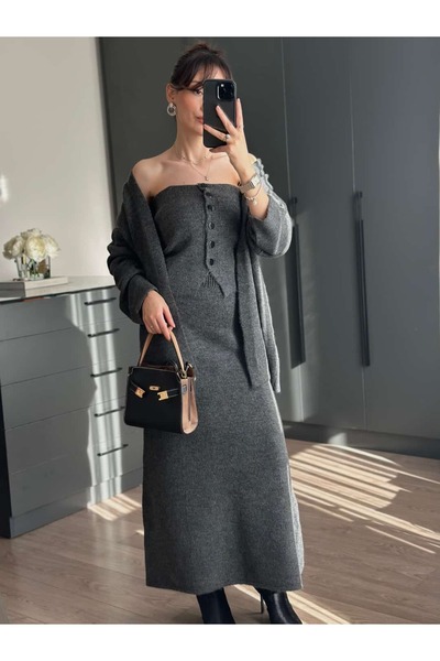 Tugen Co Anthracite Color Knitwear 3-Piece Set