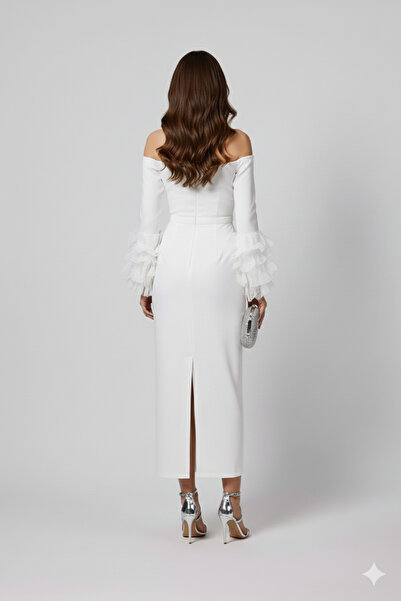 Robes Omuz Dekolteli Fırfır Detaylı Uzun Kollu Midi Abiye Elbise