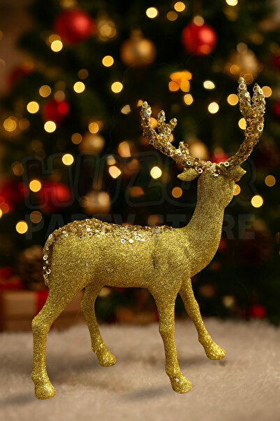 Huzur Party Store 30 cm Gold Color Deer Figure with Glitter and Sequins Detailing Christmas Decorative Desktop Gift Display Ornament