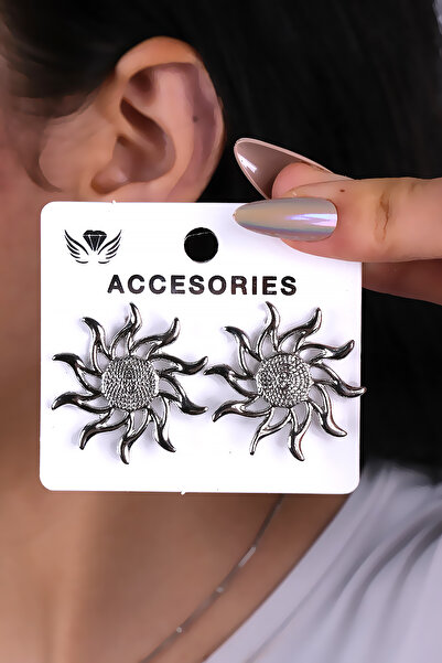 LOWEN AKSESUAR أقراط فضية اللون بتصميم الشمس للنساء