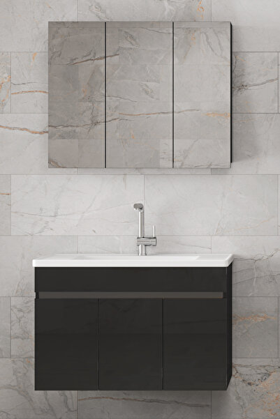 Alfa Banyo Viola3 Siyah 100 Cm Ayna Dolaplı Seramik Lavabolu Mdf Banyo Dolabı Seti--Hazır Kurulu--