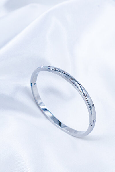 DlaraJewelry Elegant Stone Detailed Thin Stainless Steel Women's Handcuff Bra...