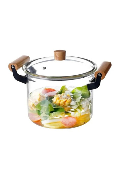 OEM Transparent glass pot with wooden handle – heat-resistant, elegant, modern