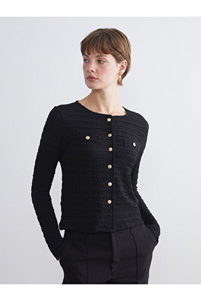 LC Waikiki Cardigan negru texturat pentru femei cu gât rotund