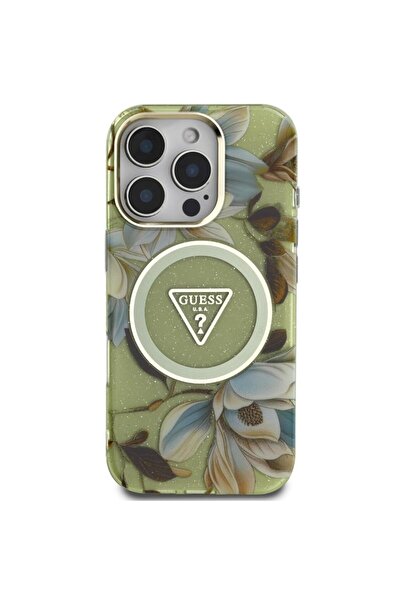 Guess Husa Glitter Flowers Τριγωνικά Κουμπιά MagSafe iPhone 16 Pro Max Verde