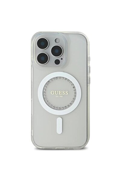 Guess Husa Rhinestones Ring MagSafe iPhone 16 Pro Alb