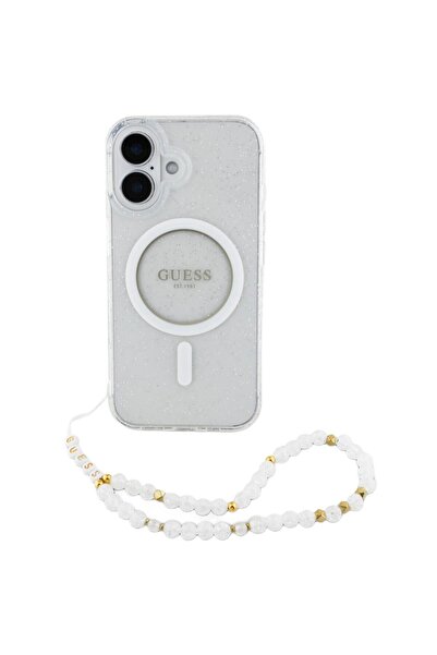 Guess Husa Glitter MagSafe Beads Strap iPhone 16 Transparent