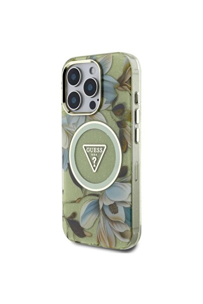 Guess Husa Glitter Flowers Τριγωνικά Κουμπιά MagSafe iPhone 16 Pro Max Verde