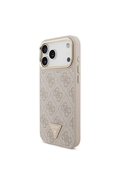 Guess Husa din piele 4G Triangle Logo Gold Frame MagSafe iPhone 17 Pro Max Roz