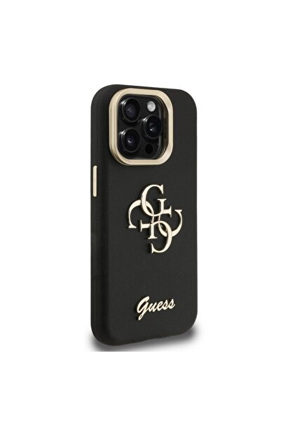 Guess Husa Grained 4G Logo Stand Camera Frame iPhone 15 Pro Max Negru