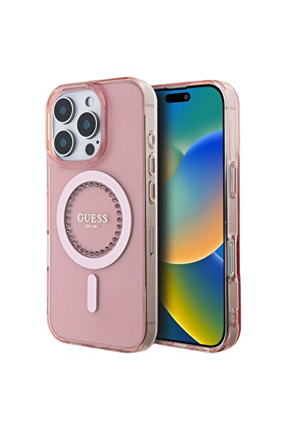 Guess Husa Rhinestones Ring MagSafe iPhone 16 Pro Roz