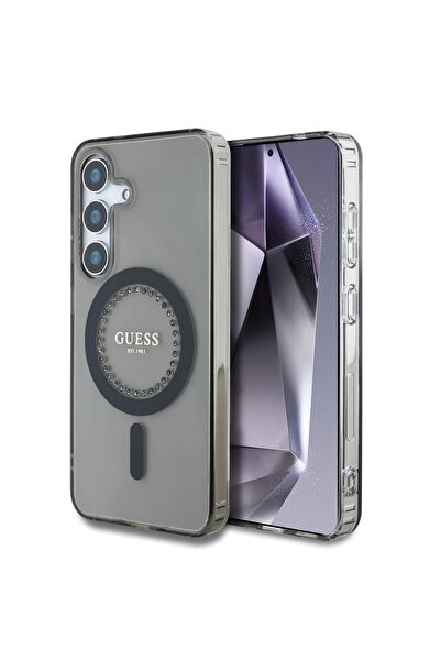 Guess Пръстен Husa Rhinestones MagSafe за Samsung Galaxy S25, черен