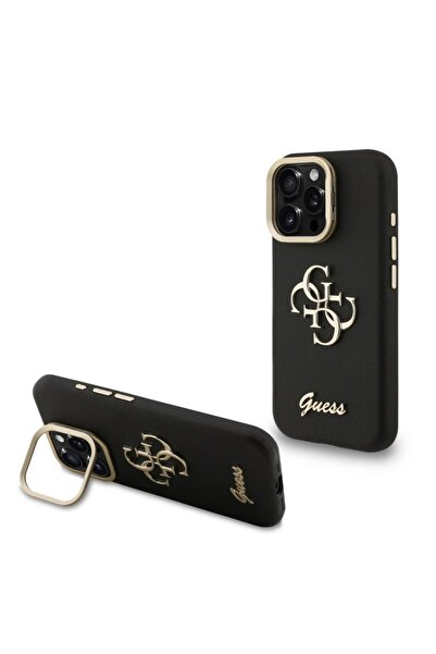 Guess Husa Grained 4G Logo Stand Camera Frame iPhone 15 Pro Max Negru