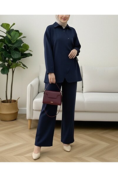 Modamorfo Cross Buttoned Side Tie Wool Effect Suit - Navy