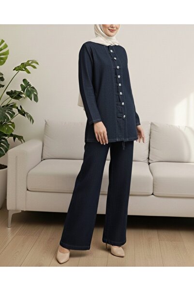 Modamorfo Buttoned Front Trousers Denim Suit - Navy