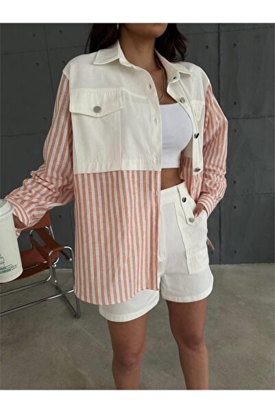 Kanonik Education Gabardine Shorts - Gabardine - Striped Linen Garnish Jacket Set - Orange