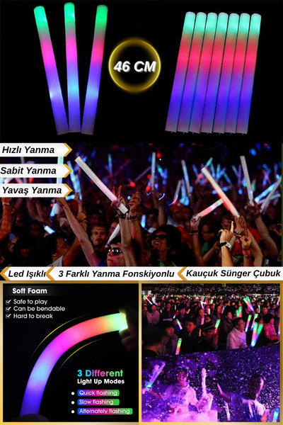 Tamsena Store 3 Farklı Yanıp Sönme Fonksiyonlu 46 Cm Kauçuk Sopa Led Işıklı Sünger Parti Çubuğu