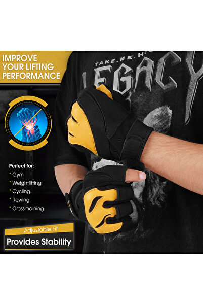 MGL SPORTS Weight Glove Black Yellow Leather (Large) -Heavy Duty Gym Gloves for Men & Women