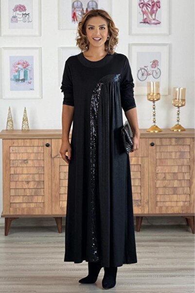 Nevin Kaya Moda Rochie neagră din bumbac cu plăci din jumătate de piele