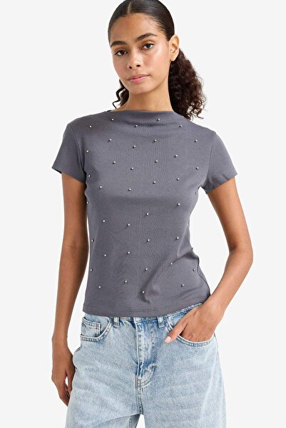 DeFacto Slim Fit Slim Fit Boat Neck Ribbed Short Sleeve T-Shirt F9573Ax25Hs