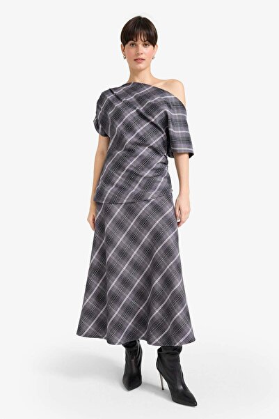 DeFacto A Kesim Kareli Normal Bel Twill Midi Etek G1762AX25AU