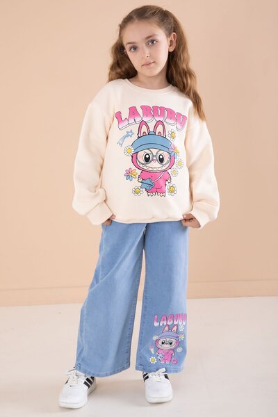 Cansın Mini Girl's 2-Piece Set with Cream Cute Character Printed Jeans Pants 22749