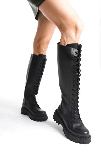 ERNİLA MOORE Γνήσιες δερμάτινες μαύρες μπότες με κορδόνια με φερμουάρ