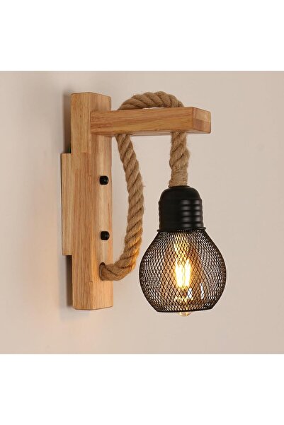 AFN Pheashine Wooden Wall Lamp Hemp Rope, Industrial Vintage Wall Lamp Shade E27 Retro Wall Light Fixtur