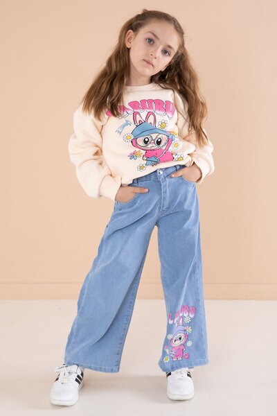 Cansın Mini Girl's 2-Piece Set with Cream Cute Character Printed Jeans Pants 22749