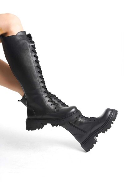 ERNİLA MOORE Γνήσιες δερμάτινες μαύρες μπότες με κορδόνια με φερμουάρ